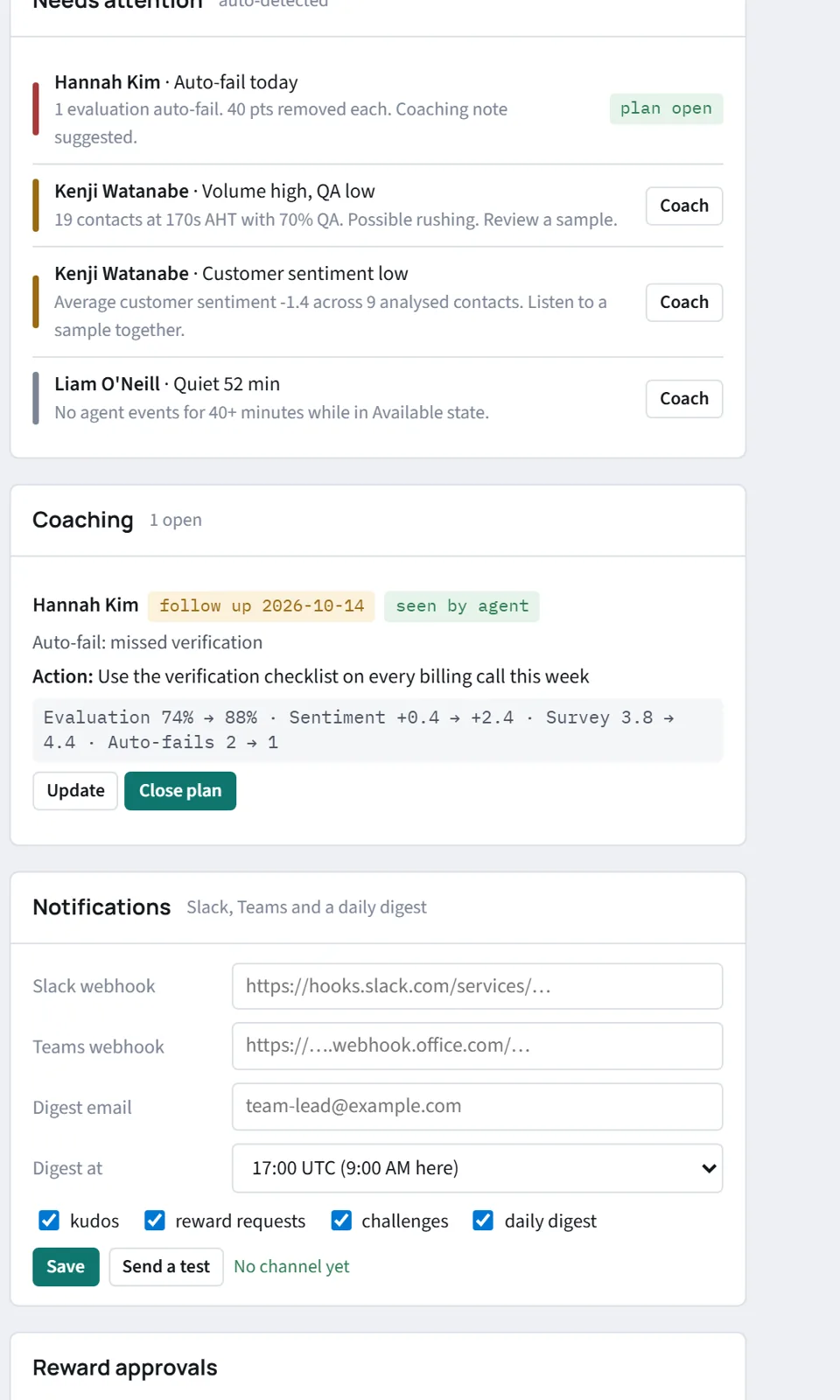 Flags with Coach buttons, an open coaching plan with before and since numbers, and notification settings